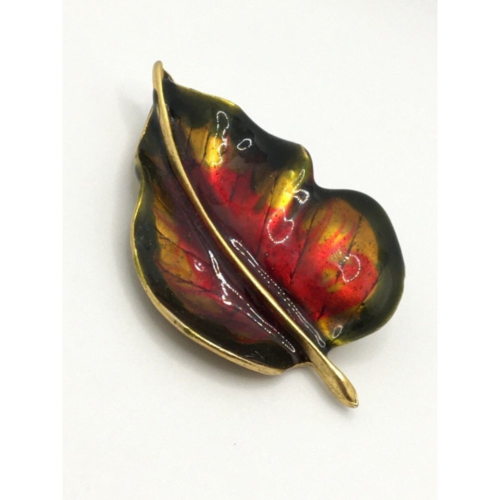 3D Vintage Leaf Brooch Red Green Gold  Enamel Heavy Gold Plated Finish 2 1/2"
